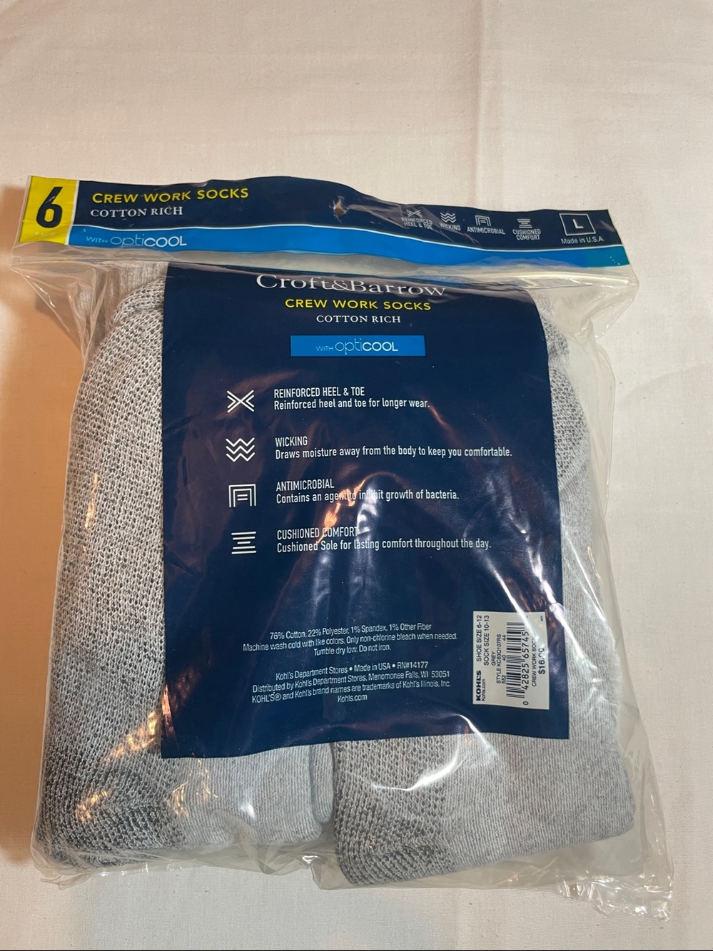 croft & barrow Light Gray Heavy Duty Crew Socks - 6 Pack - Picture 2 of 3